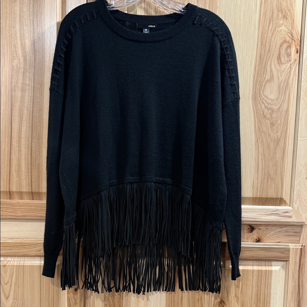 Aqua Black High Low Knit Fringe Crewneck Lightweight Western Sweater Size S